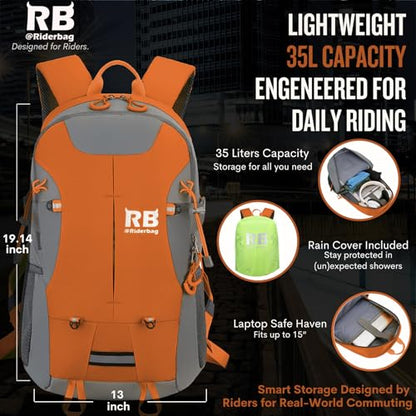 riderbag Reflective Motorcycle Backpack, Hi Viz Commuter Riding Bag | Designed by Riders for Everyday Rides with Laptop Compartment and Helmet Net. Built to Help You Be Seen. - color: Orange