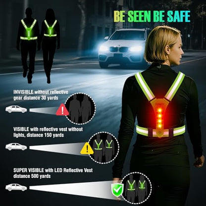 YOSKY 8 LED Running Reflective Gear Rechargeable Adjustable Running Lights Vest Safety Night Reflective Vest - color: Yellow