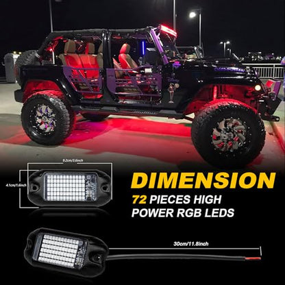 Nicoko 4Pods Pure Red LED Rock Lights 72 pcs LEDs high Power Rock Lights Neon Underglow Light for Car Trucks ATV UTV SUV Boat Underbody Glow Trail Rig Lights IP68 Waterproof - size: Pure red rock lights - 4 pack