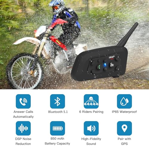 EJEAS V6 Pro Motorcycle Helmet Bluetooth Intercom, 2-Way 1200M Motorcycle Bluetooth Headset Universal Communication System with Noise Cancellation and Waterproof for Dirt Bike/ATV/Snowmobile (1PC) - size: V6-1