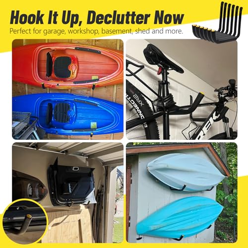 GEEDAR Heavy Duty Garage Storage Hooks -120 LB Capacity, 4packs, 15" Wall Mounted Rack for Hanging Kayak, Paddle Board, Ladders, Bikes Enforced Kayak Storage Hanger - size: Large (15", 4 packs）