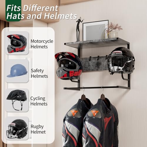 Motorcycle Helmet Holder Wall Mounted, Helmet Holder Wall Mount with Helmet Rack, Motorcycle Helmet Rack for Most of Helmet and Clothes - color: Grey