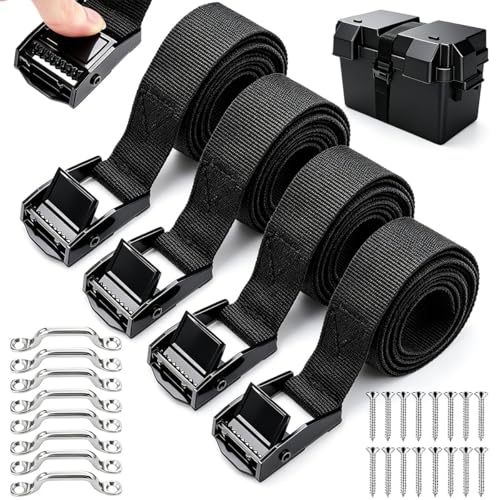 4 PCS 1" x 4ft Battery Tie Down Strap kit,Battery Hold Down Strap with Stainless Steel Cam Buckle,8 Stainless Steel Eye Strap Mounts, 16 SS Screws for Boats, Luggage Belt, Cars - size: 1'' x 48''-4pcs with screws