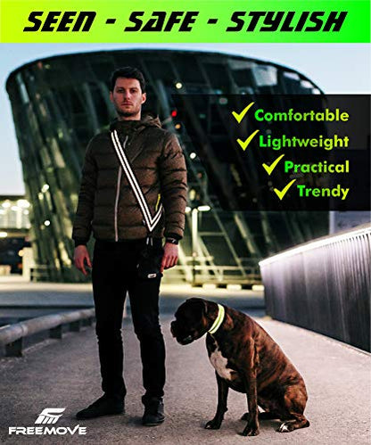 FREEMOVE Reflective SASH with 2 Bands - or - Reflective Runners Waist Belt with 4 Arm Bands > Easy to Put On/Off Reflective Gear for Guaranteed Visibility & Safety for Dog Walking, Running, Cycling - color: Black SASH and BANDS