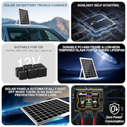 SOLPERK Solar Panel Kit 10W 12V, Waterproof Solar Battery Trickle Charger Maintainer + Smart MPPT Controller + Adjustable Mount Bracket for Boat Car RV Motorcycle Marine Automotive - size: 10W