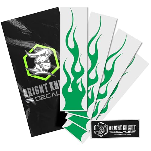 Bright Knight Decals Reflective Flame Stickers, Set of 4 Large Light Green Flame Decals for Vehicles, Outdoor Waterproof 3M Vinyl Motorcycle Helmet Stickers for Safety Visibility with Clean Removal - color: Light Green, size: Pack of 4