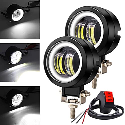 Ourbest Motorcycle Fog Lights with Switch,3inch Motorcycle auxiliary lights, Halo Round led lights, luces exploradoras para moto pair(White Beam with White Ring)