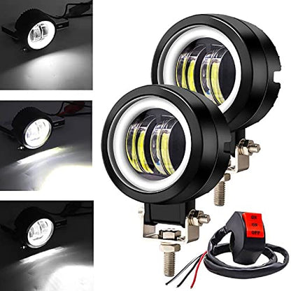 Ourbest Motorcycle Fog Lights with Switch,3inch Motorcycle auxiliary lights, Halo Round led lights, luces exploradoras para moto pair(White Beam with White Ring)