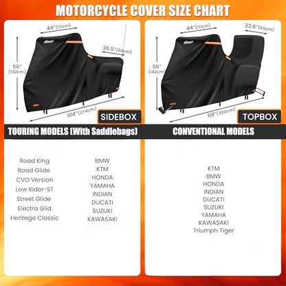 Motorcycle Cover with Side + Top Box, 420D Heavy Duty Nano-Coated, Touring Bike Cover, 5 Reflective Strips,Air Vents,3 Windproof Buckles,Antenna Zipper - color: Black, size: Side+Top Box(118"x44"x56")