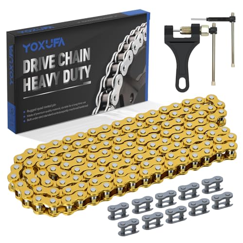 YOXUFA 420 Chain 132 Links Replacement for 110cc 125cc 70cc 50cc SSR TaoTao Apollo Coolster Kazuma Pit Dirt Bike ATV 4 Wheel Predator 212 Coleman CT200U Baja MB200 Mini Bike Go Kart Gold Parts - size: 132L, style: 420 Chain Gold