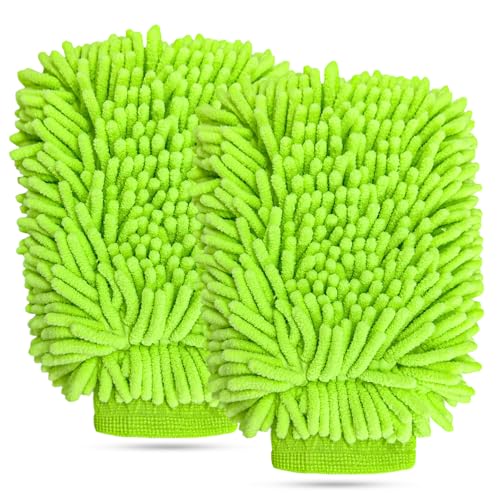 2 PCS Car Wash Mitt, Scratch-Free & Lint-Free Chenille Microfiber Wash Mitts, Highly Absorbent Double-Sided Glove for Auto Washing and Detailing, Universal Car Accessories (Fluorescent Green) - color: Fluorescent Green, size: 2 PCS