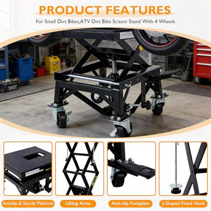 Hydraulic Motorcycle Lift Table, 350 lbs Capacity Scissor Jack Lift with Wide Deck, J-Hooks, 4 Wheels, Foot-Operated Jack Stand for ATV Dirt Bikes (Black) - color: Black