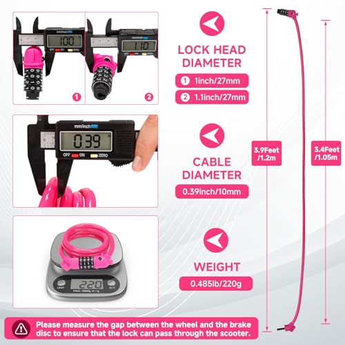 Bike Lock, 3.9 Feet 4-Digit Resettable Combination Password Anti-Theft Cable Lock, Cute Coiled Bike Lock with Mounting Bracket, Suitable for Bicycles, Electric Scooters, Ebikes (Pink-10mm) - color: Pink-10mm