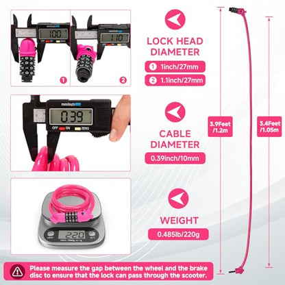 Bike Lock, 3.9 Feet 4-Digit Resettable Combination Password Anti-Theft Cable Lock, Cute Coiled Bike Lock with Mounting Bracket, Suitable for Bicycles, Electric Scooters, Ebikes (Pink-10mm) - color: Pink-10mm