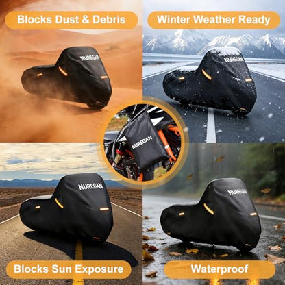 Heavy Duty Motorcycle Cover Waterproof Outdoor, Universal Fit with All Season Protection & Ventilation Vents for Harley Davidson, Indian, BMW Cruiser, Touring, ADV Storage up to 104 Inch