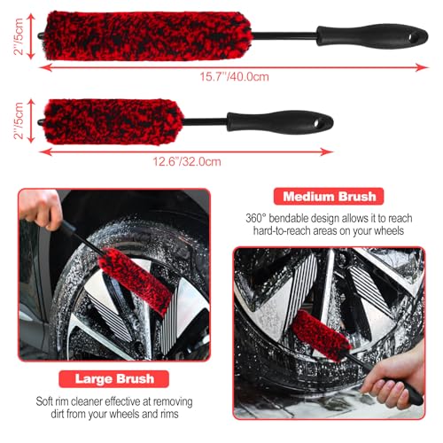 12Pcs Wheel Brush Kit for Cleaning Wheel and Tire, Wheel and Rim Brush, Car Detailing Brushes, Tire Brush, Bendable & Durable Car Wheel Rim Cleaner Brush Set,Car Detailing Cleaning Brush Supplies Kit - color: Red