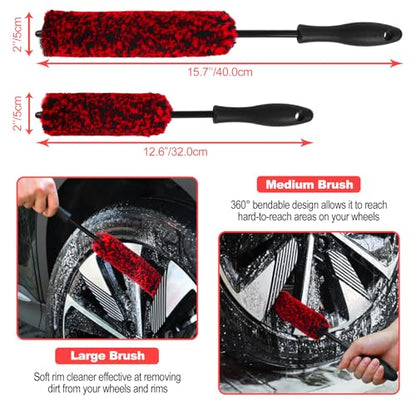 12Pcs Wheel Brush Kit for Cleaning Wheel and Tire, Wheel and Rim Brush, Car Detailing Brushes, Tire Brush, Bendable & Durable Car Wheel Rim Cleaner Brush Set,Car Detailing Cleaning Brush Supplies Kit - color: Red