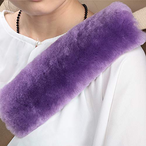 OGLAND Genuine Sheepskin Soft Fuzzy Car Seat Belt Pad, Comfy Fluffy Seat Belt Cover for Shoulder Pad Neck Cushion Protector Car Accessories Woman Man Girl Kid(1Pcs/Light Purple) - color: Light Purple