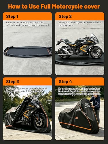 Full Enclosed Motorcycle Cover, 600D Heavy Duty Waterproof Motorcycle Cover with Reflective Strips & Vents, Fits 96" Scooter, Dirtbike, Cruiser & Touring Motorcycles (Black) - size: 96"-XXL