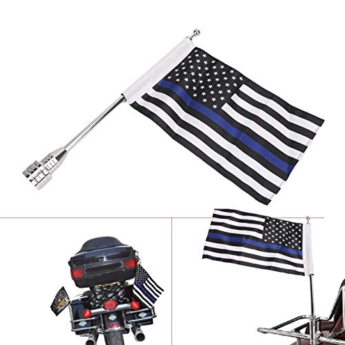 Motorcycle Flagpole Mount with American USA Flag & Blue Line US Flag for Harley Honda Goldwing CB VTX CBR and Yamaha – Fits 1/2" Round Luggage Rack - color: US Flag +Blue Line US Flag