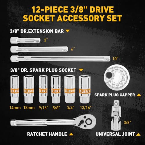 ELEAD 12-Piece 3/8" Drive Spark Plug Socket Set with Ratchet Handle, Universal Joint, Spark Plug Gapper & Extension Bar, 9/16", 5/8", 3/4", 13/16", 14mm, 18mm, CR-V Sockets with Rubber Holding Rings - size: 12-Piece Spark Plug