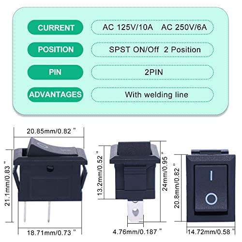 Twidec/10Pcs Rocker Switch AC 6A/250V 10A/125V SPST 2 Pins 2 Position ON/Off Car Boat Square Black Rocker Switch Toggle with Pre-soldered Wires KCD1-X-F - color: Black-Square-ON OFF-10PCS