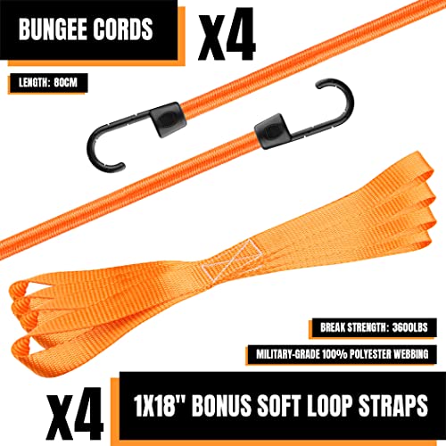 Cartman 1" x 15' Ratchet Tie Down up to 1500lbs 4pk in Carry Bag, with 18" Soft Loop Tie-Down Straps & 32" Bungee Cord - style: 4PK Orange