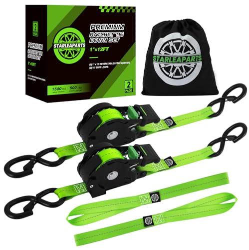 STARLEAPARTS Retractable Ratchet Straps(2PK 1.0INX12FT) - 1,500lb Break Strength, Ratchet Strap Heavy Duty with Rubber Coated Handle, Perfect Auto Ratchet Straps for Motorcycle, Kayak and Trucks - color: Green, size: 2PK -1,500LBS