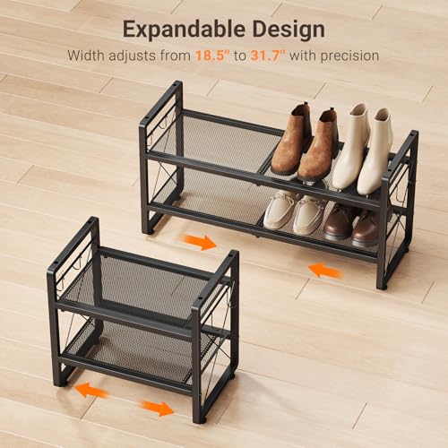 ELYKEN Shoe Rack, 2-Tier Expandable Shoe Organizer for Closet, Metal Black Shoe Shelf with 4 Hooks, Adjustable Shoe Stand Holder for Entryway, Garage, Door Entrance - size: 2-Tier