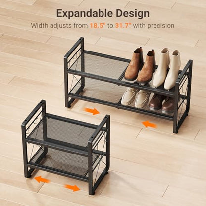 ELYKEN Shoe Rack, 2-Tier Expandable Shoe Organizer for Closet, Metal Black Shoe Shelf with 4 Hooks, Adjustable Shoe Stand Holder for Entryway, Garage, Door Entrance - size: 2-Tier