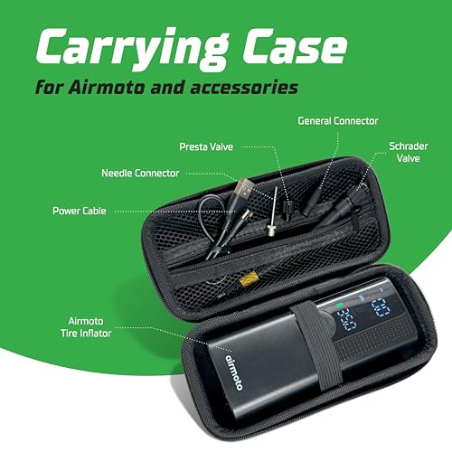 Airmoto and Carrying Case Bundle Deal - Tire Inflator Portable Air Compressor with Hard Case - Air Pump for Car Tires, Motorcycle, Bicycle - Cordless Tire Pump with Tire Pressure Gauge