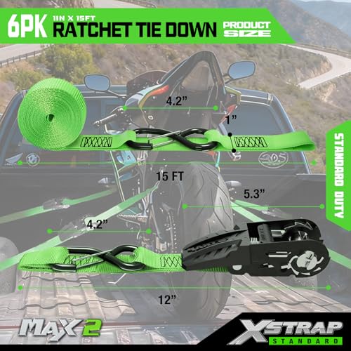 XSTRAP STANDARD Ratchet Tie Down Straps - 4 Pk - 1'' x 15 Ft 1890 Lbs Break Strength-Cargo Straps with Integrated Soft Loops, Padded Handles & Coated S Hook W/Safety Clip for Motorcycle, Truck (Green) - size: Green-1890 lbs