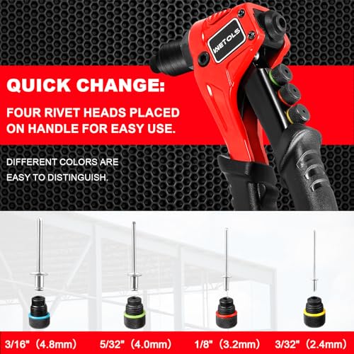 WETOLS Pop Rivet Gun Kit with 200 Blind Rivets, Upgraded Manual Single Hand Riveter with 4 Tool-Free Interchangeable Rivet Heads and 4 Drill Bits, Pop Rivet Tool Kit with Sturdy BMC Carrying Case - size: Regular Rivet Gun