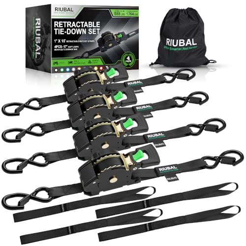 Retractable Ratchet Straps (4-Pack) - 1 Inch x 15 Feet (1,764lb Break Strength) - Auto Self Retracting Tie Down Straps Heavy Duty for Motorcycle, ATV, UTV, Truck, Cargo Trailer - Black - color: Black, size: 15 Feet