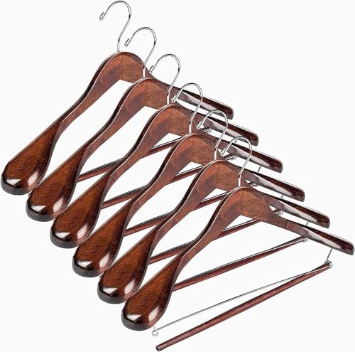 DEILSY Wide Shoulder Wooden Suit Hangers with Non-Slip Pants Bar & 360° Swivel Hook - Smooth Finish Coat Hangers for Men and Women - Heavy Duty Clothes Hanger – Pack of 6 - color: Brown