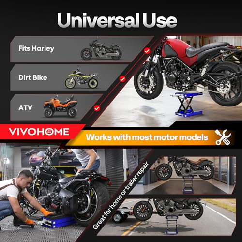 VIVOHOME 1100 LBS Motorcycle Lift Scissor Jack, Wide Deck Hoist Stand, Height Adjustable Center Stand with Crank, Steel Lift for Cruiser, Dirt Bike, ATV - Blue - color: Blue