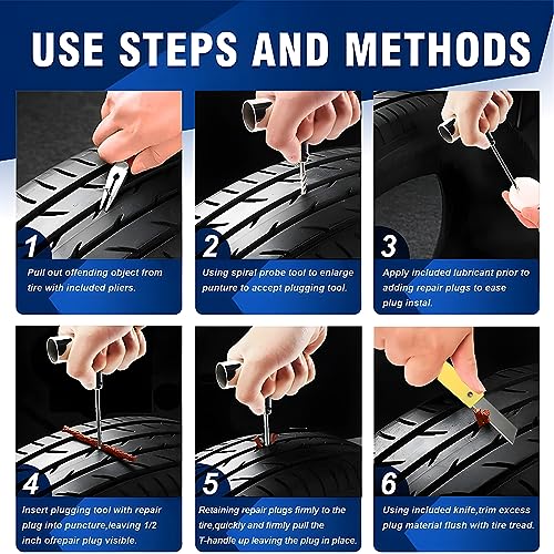 BESULEN Tire Repair Kit, 46 Pcs Heavy Duty Tire Plug Kit to Fix Punctures, Car Emergency Tool, Universal Plug Flats Patch Kit for Motorcycle, Truck, Tractor, Trailer, RV, SUV, ATV. Car Accessories