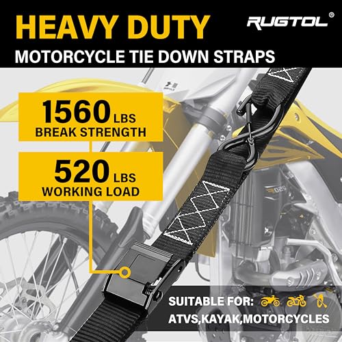 Rugtol Motorcycle Tie Down Straps, 1.5in x 10FT Cam Buckle Straps with S Hooks Integrated Soft Loops, 1560lb Break Strength Heavy Duty Dirt Bike Straps for Securing Motorbikes, Kayak, Cargo 2 Pack