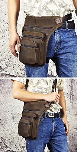Le'aokuu Mens Genuine Leather Motorcycle Tactic Belt Waist Pack Drop Leg Cross Over Bag - color: 3111 A Brown