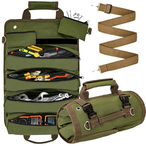 Roll Up Tool Bag, Compact Durable Tool Organizer with 4 Pouches Tool Roll and 2 Small Zipper Pouches, Heavy Duty Motorcycle Tool Storage for Handyman, RV Owners, Dad or Husband Birthday Gifts, Green - color: Green