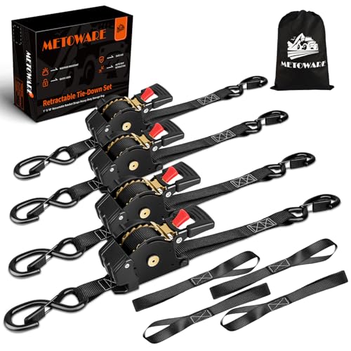 METOWARE Retractable Ratchet Straps (4-Pack) - 1" x 10' (1500lb Break Strength) - Heavy Duty Auto Self Retracting Tie Down Straps for Truck, Trailer, Cargo Van, Motorcycle - Black - color: Black, size: 4-pack