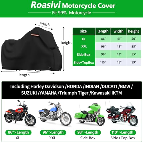 Roasivi Motorcycle Covers Outdoor Waterproof Motorbike Covers All Season Universal Weather Protection for Harley Davidson Touring Models General Fits XXL 96" L x 43" W x 55" H Black - size: 96" x 43" x 55"