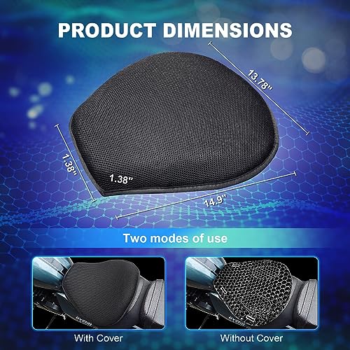 Motorcycle Seat Cushion, 3D Honeycomb Gel Pad, Pressure Relief Shock Absorption, Breathable Non-Slip Universal Cover for Long Ride, Fits Cruiser Street Touring Bike (Four Seasons)