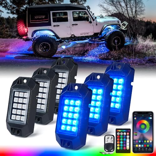 Xprite Bluetooth RGB LED Rock Lights Kit, Multicolor Neon Accent Music Flashing Lighting Underglow Kits with RF Controller for Off-Road, Trucks, Cars, UTV, ATV, SUV, RZR, Motorcycles, Boats - 6 PCS - color: Standard Housing, size: 6 Pods