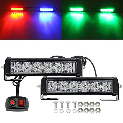 LED Emergency Strobe Lights Bar 2Pcs Red Blue Change Green Double Color Warning Police Grille Lights Bar Surface Mount Fit for Motorcycle POV Utility Vehicle Construction Vehicle and Tow Truck Van - color: Red Blue Change Green