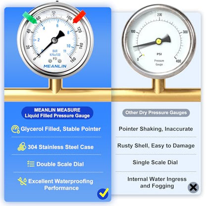 MEANLIN MEASURE 0~160Psi Liquid Filled Pressure Gauge 1/4" NPT 2.5" FACE DIAL Stainless Steel Glycerin Filled WOG Water Oil Air Back Mount (with 2PCS Snaps) - size: 0-160Psi