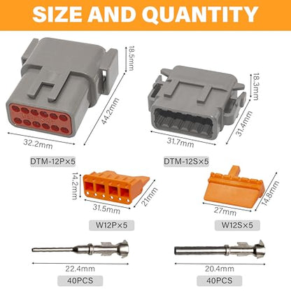 Deutsch DTM Grey 12 Pin Connectors 5 Sets, Waterproof Electrical Wire Connector with Stamped Contacts and Seal Plug for Truck, Off-Road Vehicles, Construction, Agriculture, Marine, Motorcycle Wiring - size: 12Pin-5 Set