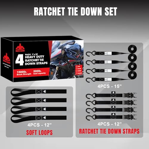 Jack Boss Ratchet Tie Down Straps Set,1500 lbs Break Strength, 1" x 15' Heavy Duty Ratchet Straps with 4X Soft Loops Padded Handles Coated S Hook, Fits for Moving Appliances Motorcycle ATV Truck,Black - color: Black