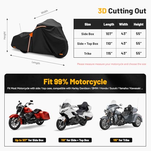 XYZCTEM Motorcycle Cover Heavy Duty Waterproof with Side Box, Fits Harley Davidson Touring Models Road King Road Glide Street Glide Electra Glide Outdoor All Weather Protection, 107 Inch
