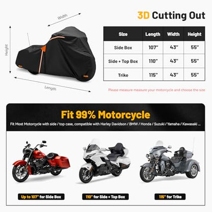 XYZCTEM Motorcycle Cover Heavy Duty Waterproof with Side Box, Fits Harley Davidson Touring Models Road King Road Glide Street Glide Electra Glide Outdoor All Weather Protection, 107 Inch